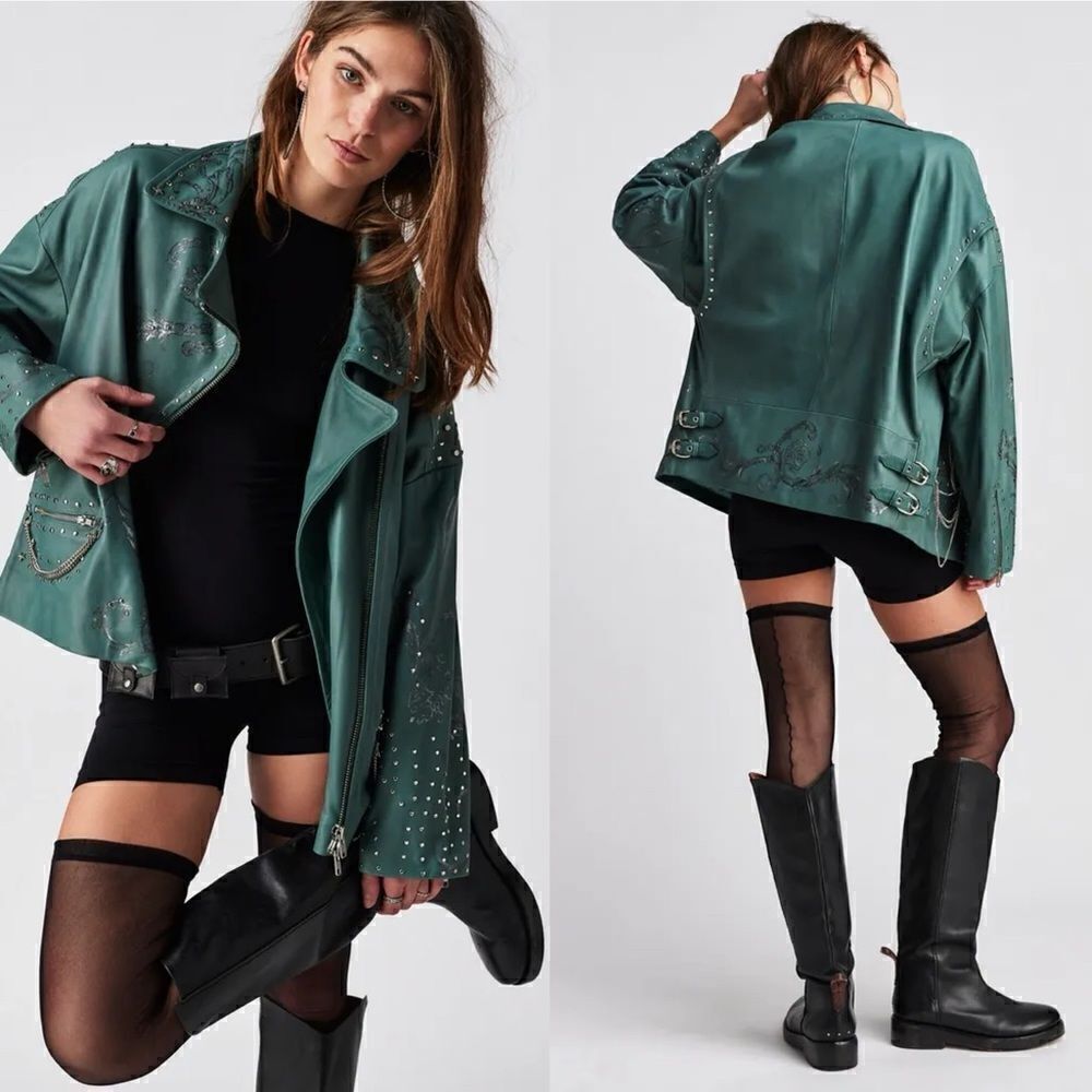 New Free People Nigelprestonchain Embellished Biker Jacket